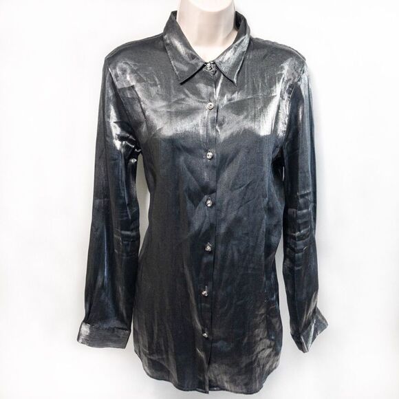 Silver Mercury Button Down Blouse Diamond Buttons Sz L - Picture 4 of 7